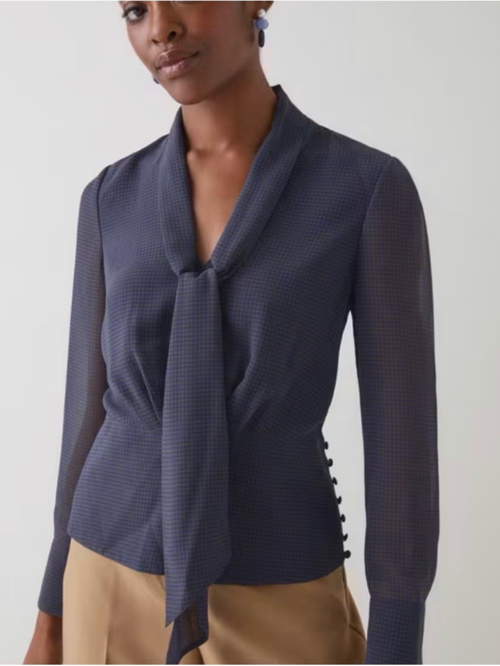 LK Bennett Rosie Midnight V Neck Tie-Neck Blouse Blue